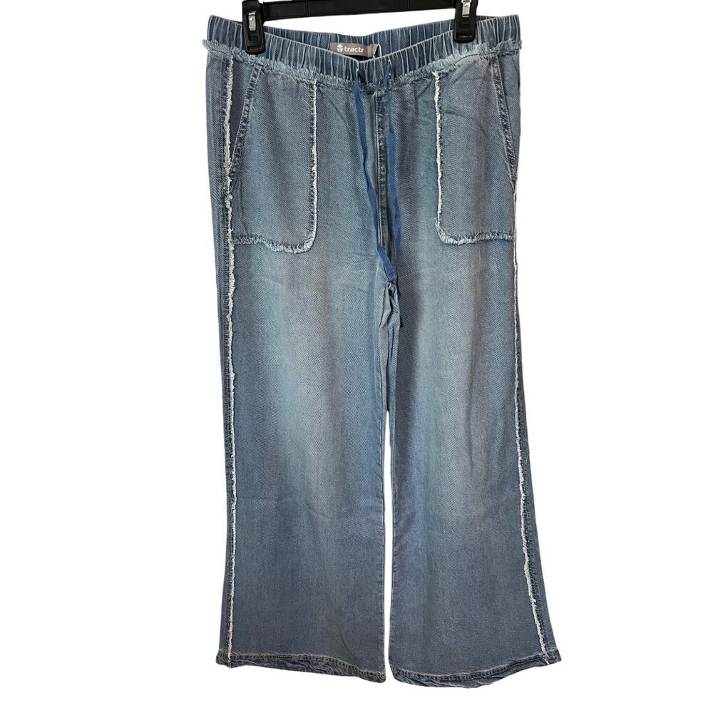 Tractr Womens Indigo-Dyed Wide-Leg Denim Pants With Drawstring Waist & Frayed Po